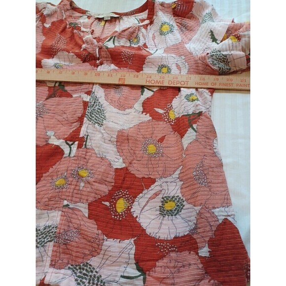 LOFT poppy print boho peasant blouse XS no collar gauzy short sl. work or play - Picture 8 of 10